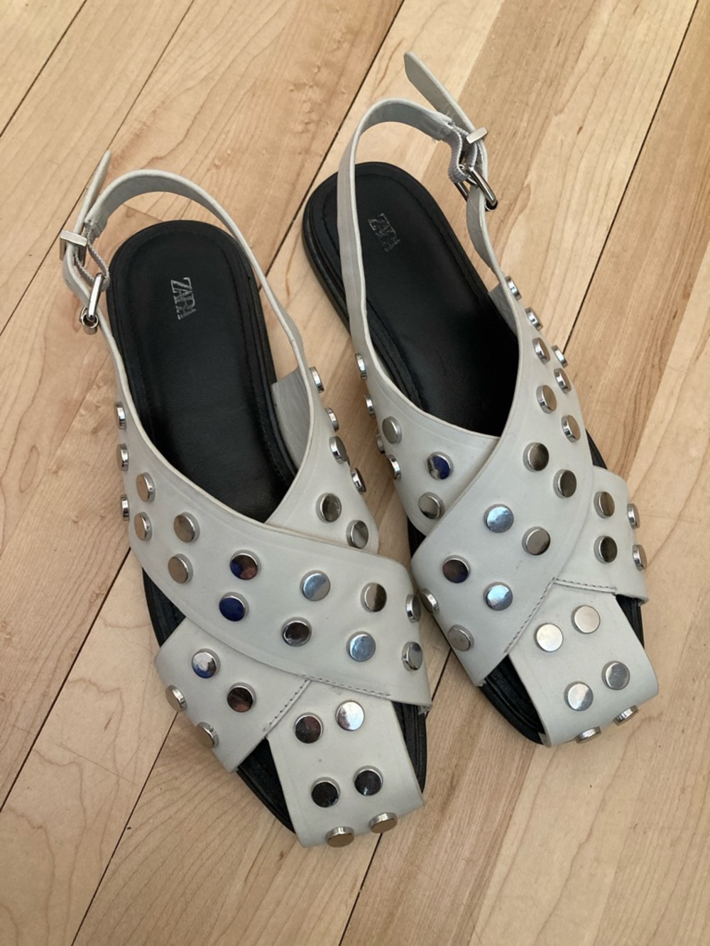 Zara Off-White Flat Studded Cage Sandals with Metallic Accents, Size 37